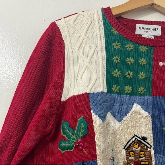 Vintage Women’s Ugly Christmas Knit Sweater Petite Large Patchwork Embellished - Picture 3 of 12